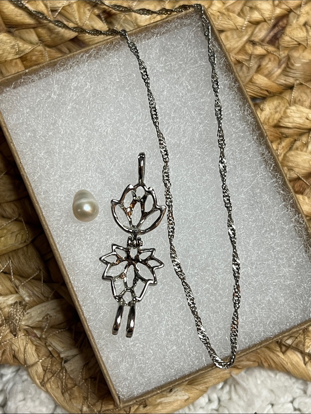 Lotus Cage Locket Pendant Flower Necklace with Oval Pearl on Chain Silver Tone
